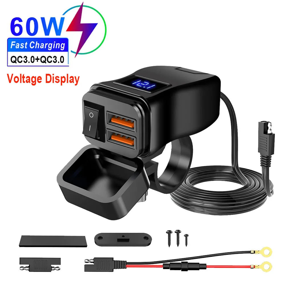 PD+QC3.0 Motorcycle USB Fast Charger 60W Handlebar Dual USB Socket with Switch Voltmeter Waterproof 12V Power Supply Adapter