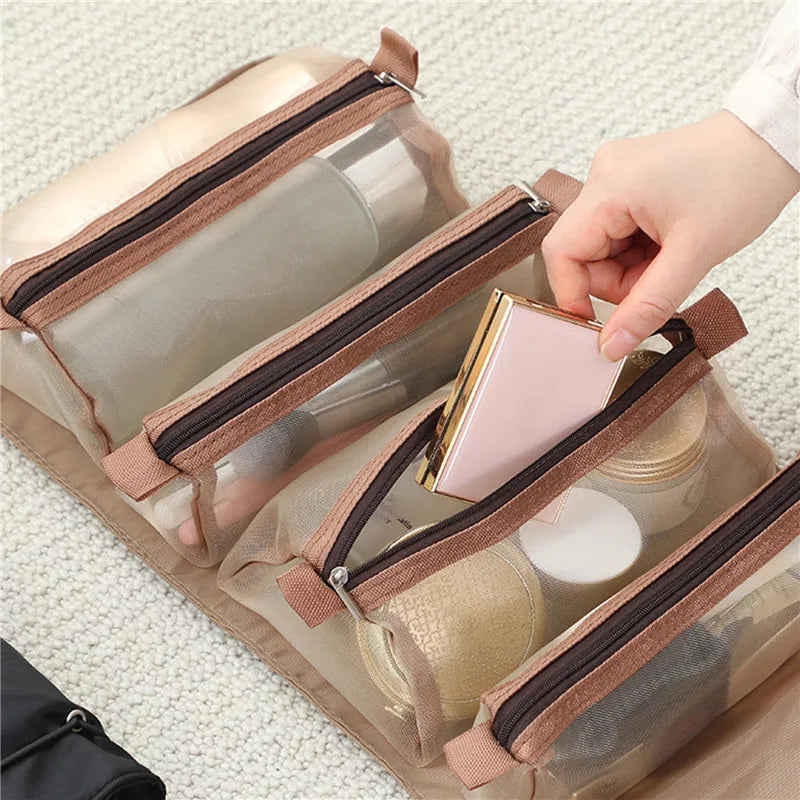 4PCS In 1 Cosmetic Bag for Women Zipper Mesh Separable Cosmetics Pouch Ladies Foldable Nylon Bag Rope Makeup Brushes Storage Bag