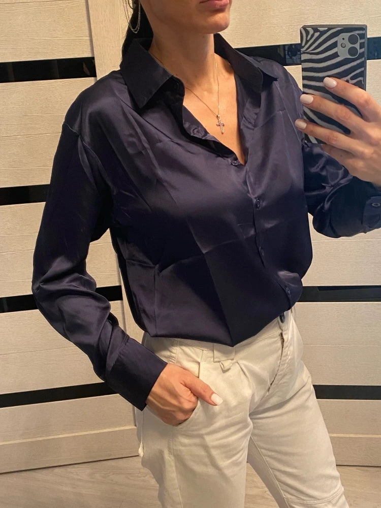 Elegant Satin Loose Women Shirt Spring Turn-down Collar Ladies Blouse Autumn Vintage Casual Button Silk Tops