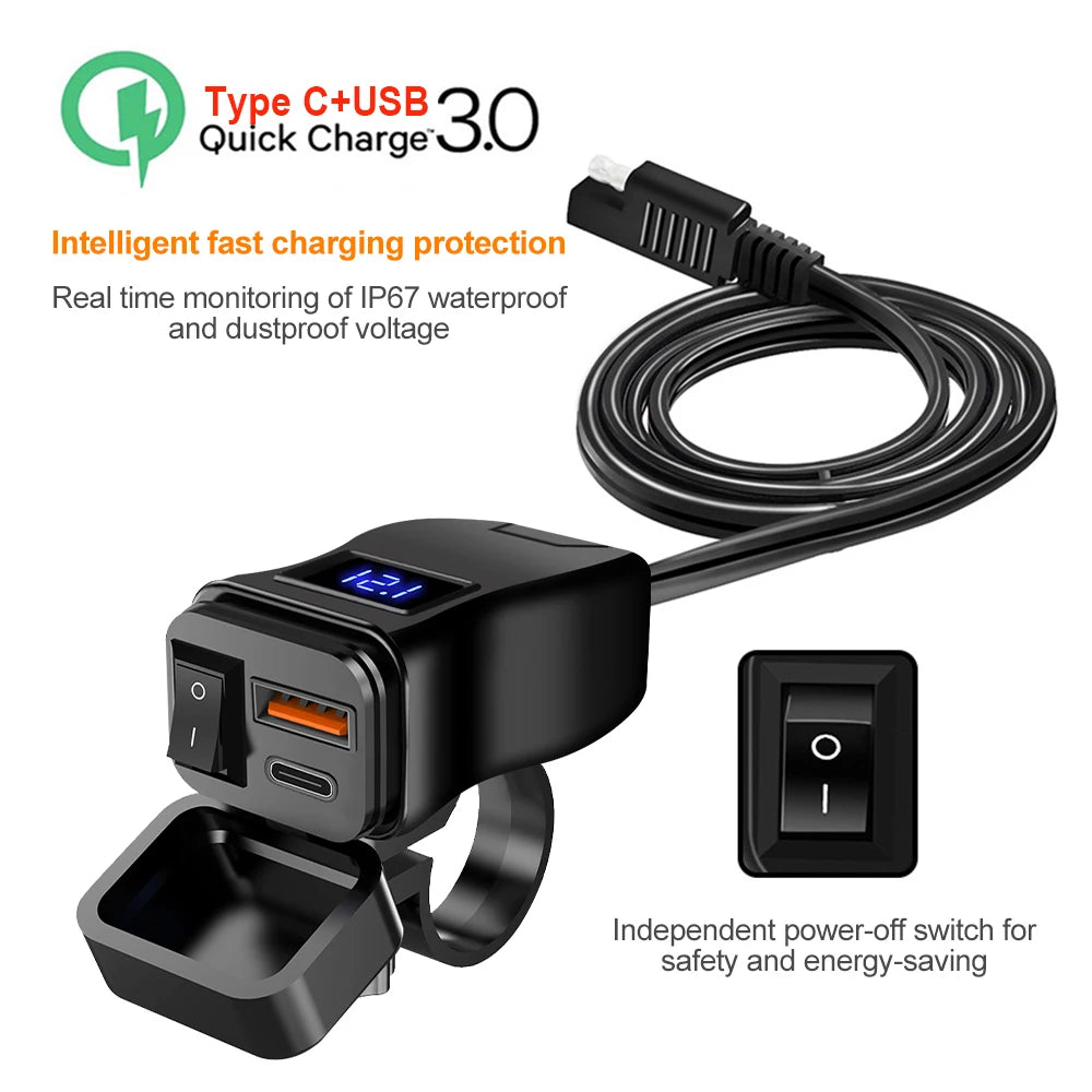 PD+QC3.0 Motorcycle USB Fast Charger 60W Handlebar Dual USB Socket with Switch Voltmeter Waterproof 12V Power Supply Adapter