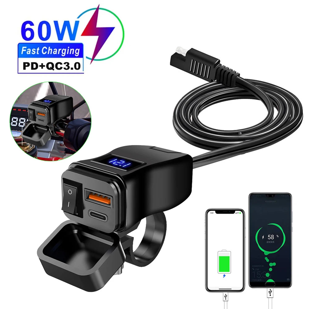 PD+QC3.0 Motorcycle USB Fast Charger 60W Handlebar Dual USB Socket with Switch Voltmeter Waterproof 12V Power Supply Adapter