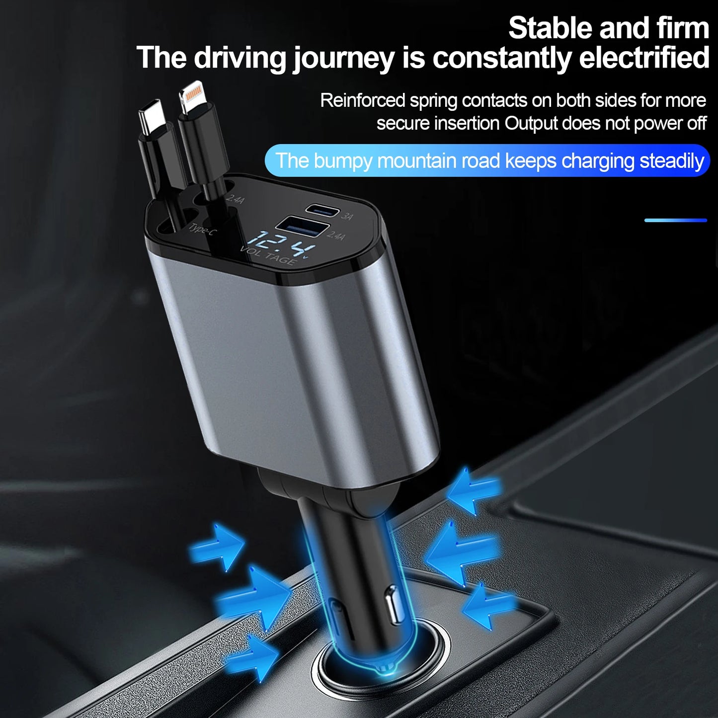 100W Car Charger Car Super Fast Charge Flash Charging, Telescopic Cable Four-in-one Point Smoker Car Charging