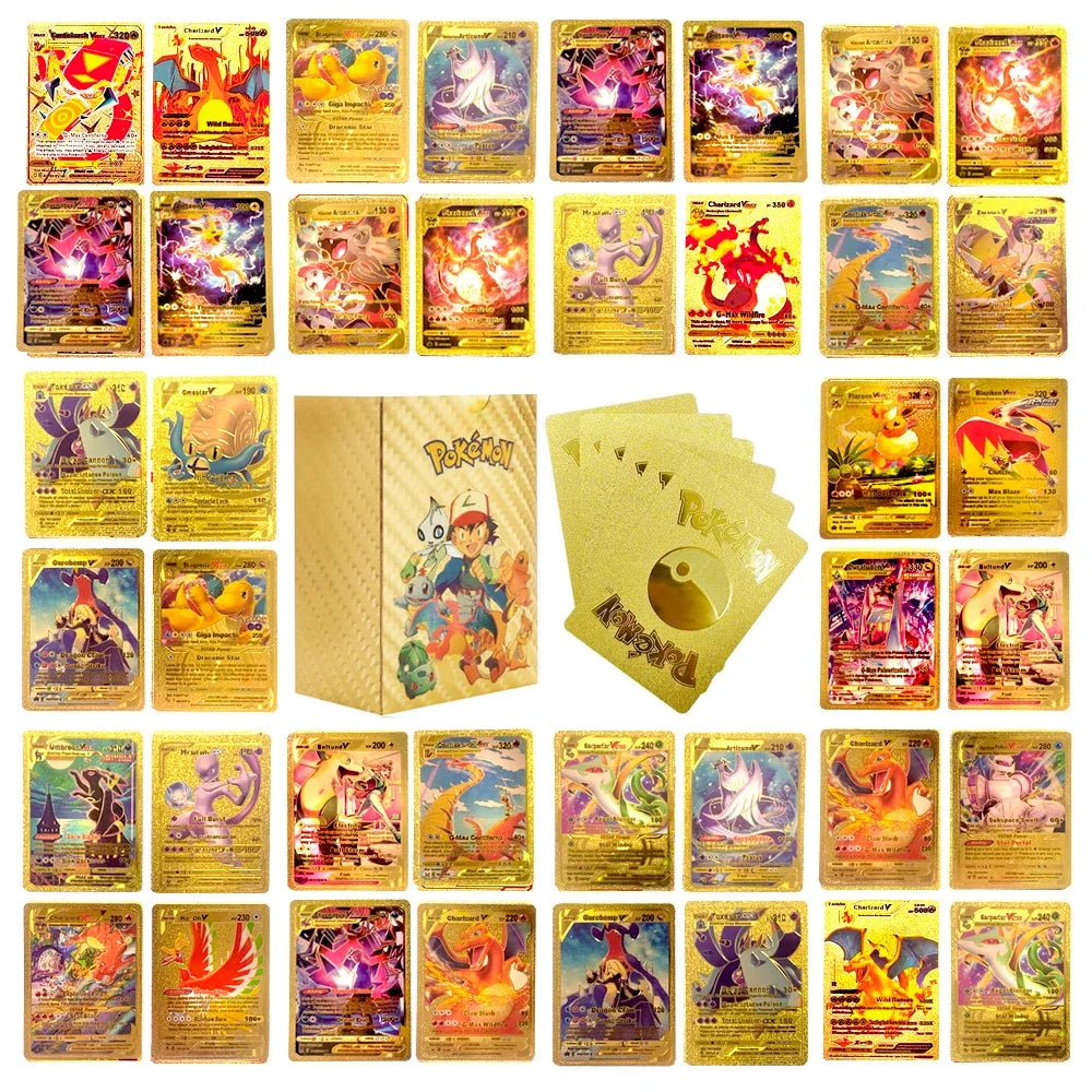 27-110Pcs Pokemon Gold Foil Card VMAX GX Cards English French Spanish German Pikachu Charizard Arceus Colour Pokémon Cards Gift