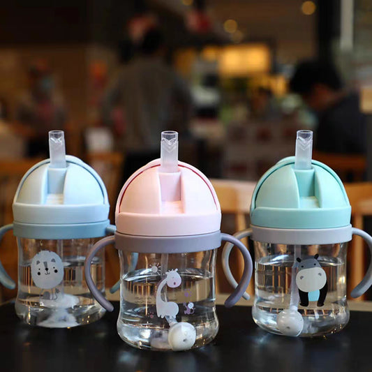 250ml Cute Cartoon Bottle Baby Mug Children's Bottle Animal Pattern Training Cup Boys & Girls Straw Mug Inverted Non-Leak