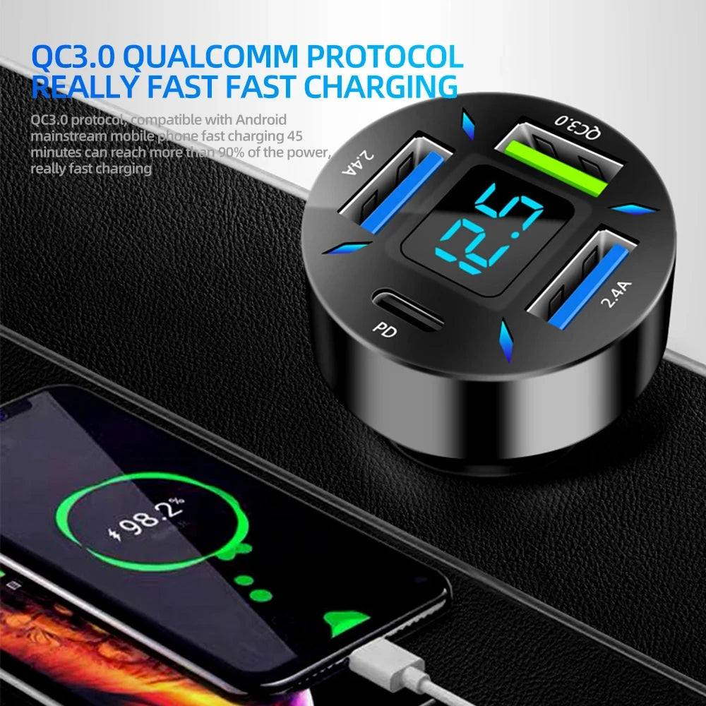 66W USB Car Charger Quick Charge PD QC3.0 With Voltmeter Cigarette Lighter Socket Power Adapter For iPhone 11 12 Samsung Xiaomi