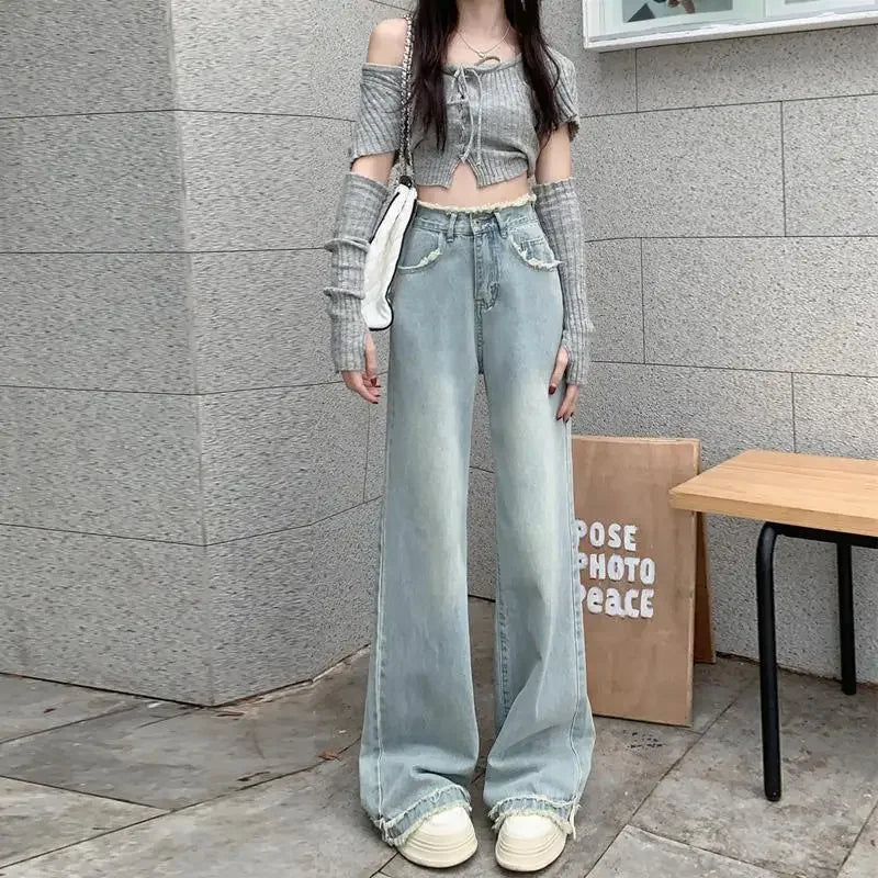 Fringe Design Sensibility Women's Jeans Vintage High-waisted Slimming Straight-leg Pants Autumn Winter 2023 New Arrival