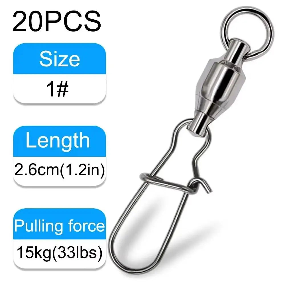 20PCS Swivel Snap Connector Pin Ball Bearing Rolling Ring Buckle Kit Pesca Lure Line Connect Cross Lock Fishing Tools