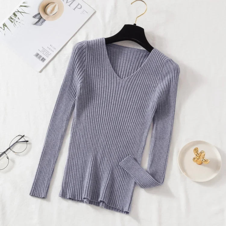 Autumn Winter Women Sweaters Casual Long Sleeve Knitted V Neck Pullover Sweater Femme Basic Solid Jersey Tops Fashion Clothes