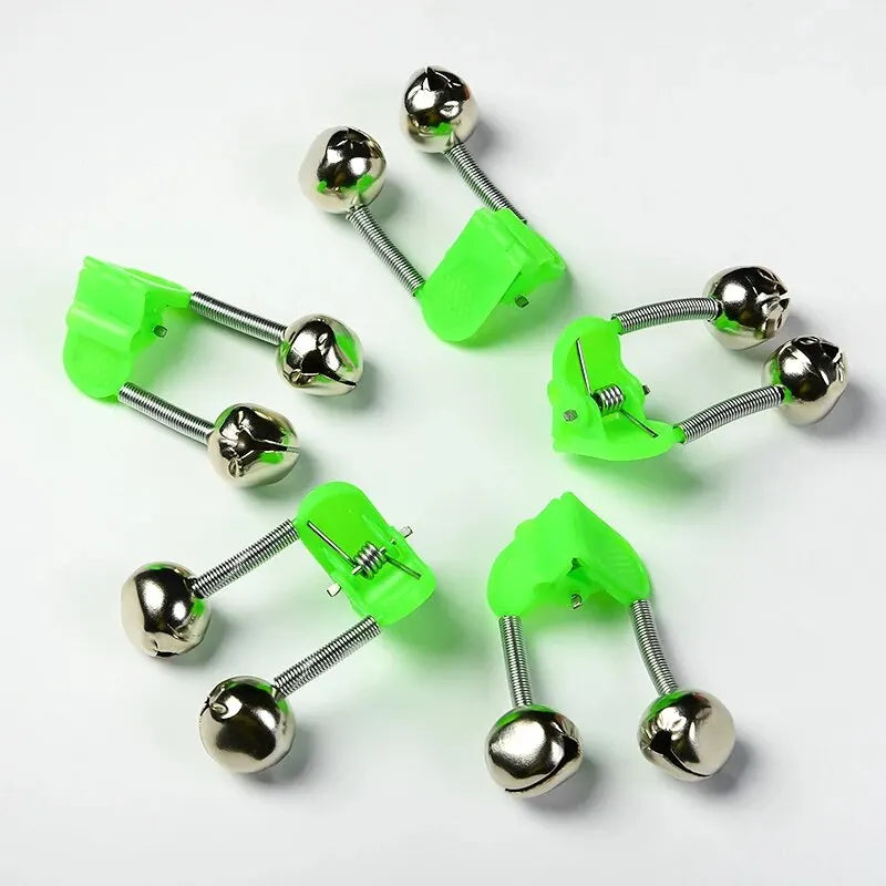 5pcs/lot Fishing Bite Alarms Fishing Rod Bell Rod Clamp Tip Clip Bells Ring Green ABS Fishing Accessory Outdoor Metal