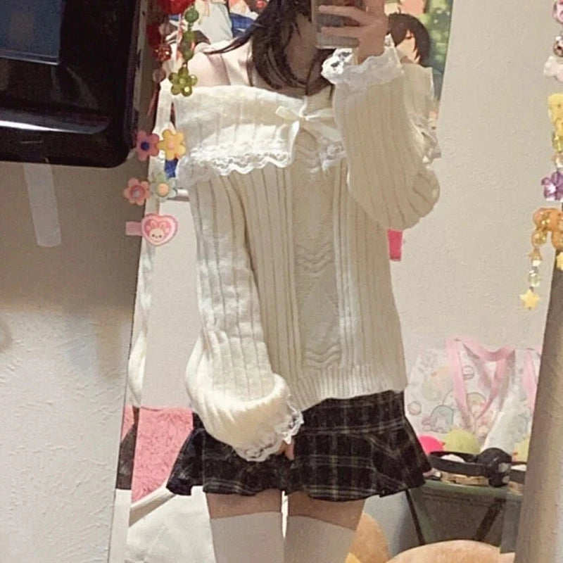 Pretty Cute Outfits Harajuku Cosplay Sweater Kawaii Lace Trim Off Shoulder Pullovers Y2K Aesthetic Vintage Long Sleeve Jumpers