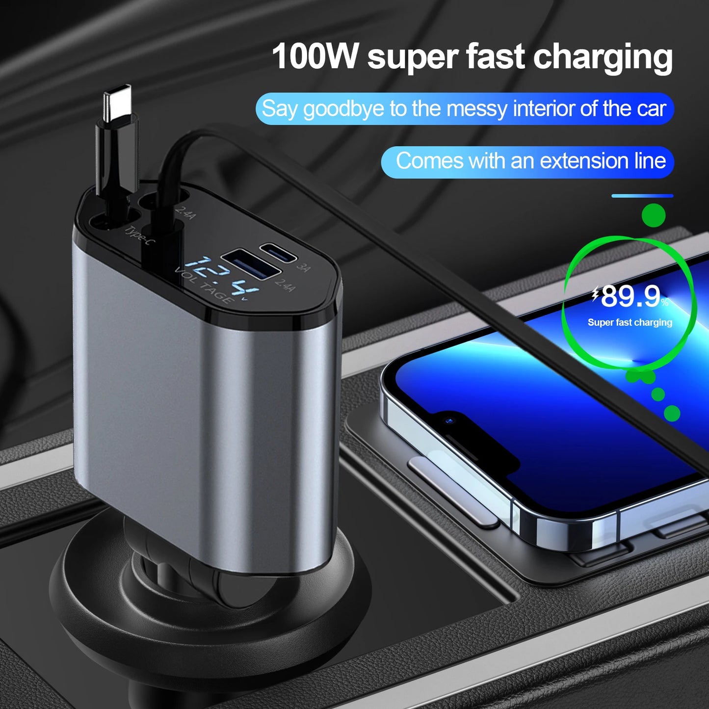 100W Car Charger Car Super Fast Charge Flash Charging, Telescopic Cable Four-in-one Point Smoker Car Charging