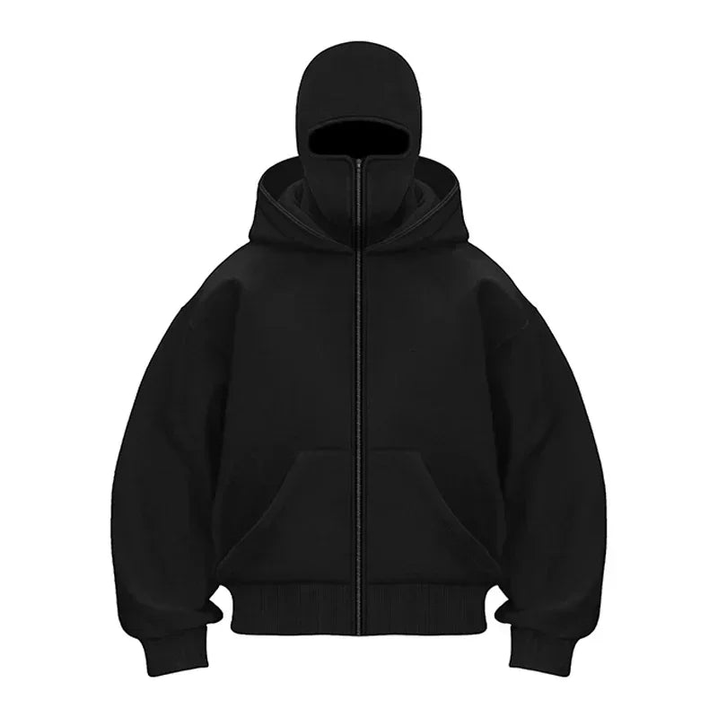 Balaclava Men Zip Hoodie Winter Warm Casual Sweatshirt Y2K with Hooded Face Mask Zipper Design Sports Jacket Outdoor Activities