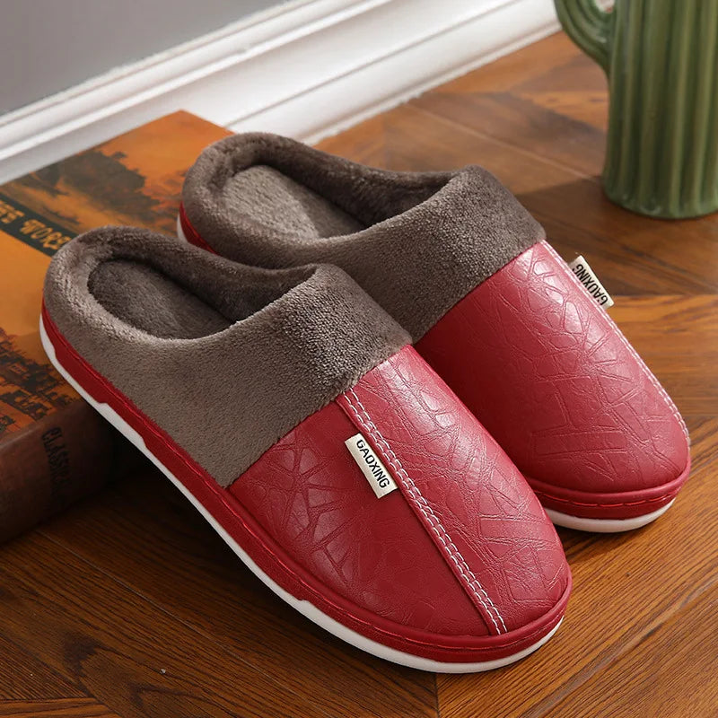 Casual Men Slippers Indoor PU Leather Women House Waterproof Warm Home Fur Slipper Male Couple Shoes Fluffy Slide Couples Shoes