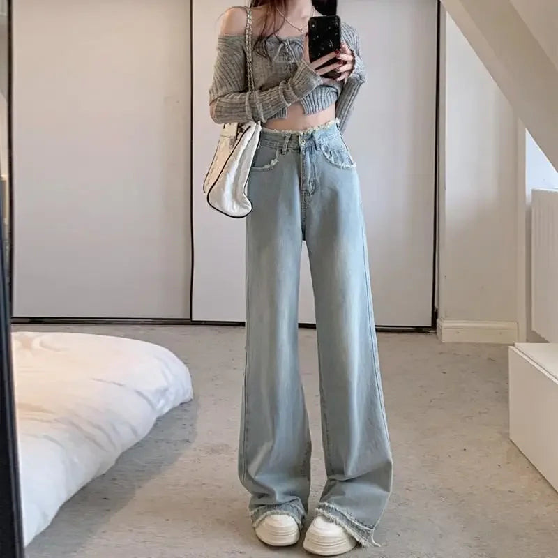 Fringe Design Sensibility Women's Jeans Vintage High-waisted Slimming Straight-leg Pants Autumn Winter 2023 New Arrival