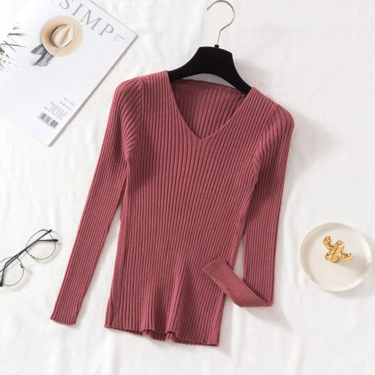 Autumn Winter Women Sweaters Casual Long Sleeve Knitted V Neck Pullover Sweater Femme Basic Solid Jersey Tops Fashion Clothes