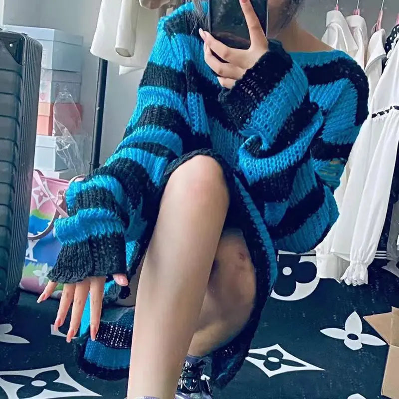 New Punk Gothic Long Unisex Sweater Summer Women Striped Cool Hollow Out Hole Broken Jumper Loose Rock Thin Dark Streetwear Top