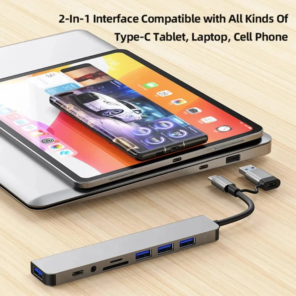 USB C Hub USB Hub 3.0,  Aluminum 7 in 1 USB Extender, USB Splitter with 1 X USB 3.0, 4 X USB 2.0 and 2 X USB C Ports