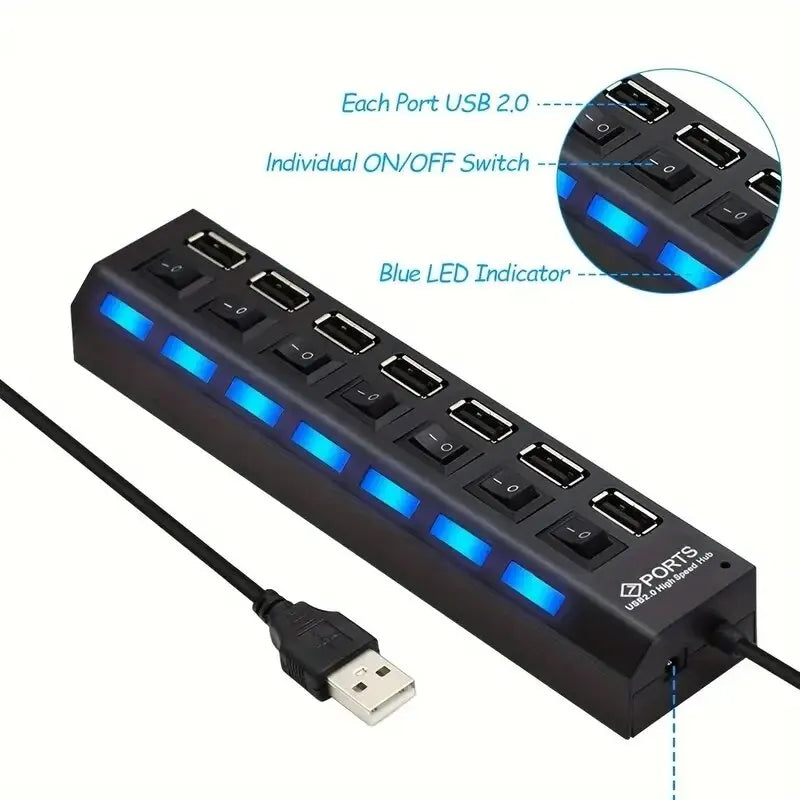 High Speed 4/7 Ports USB HUB 2.0 Adapter Expander Multi USB Splitter Multiple Extender with LED Lamp Switch for PC Laptop