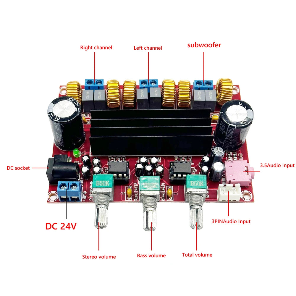 XH-M139 Audio Amplifier Board 2x50W 100W 2.1 Channel Amplifier Modules DC 12-24V 3 Sound Channels Energy Saving Pure HiFi Music