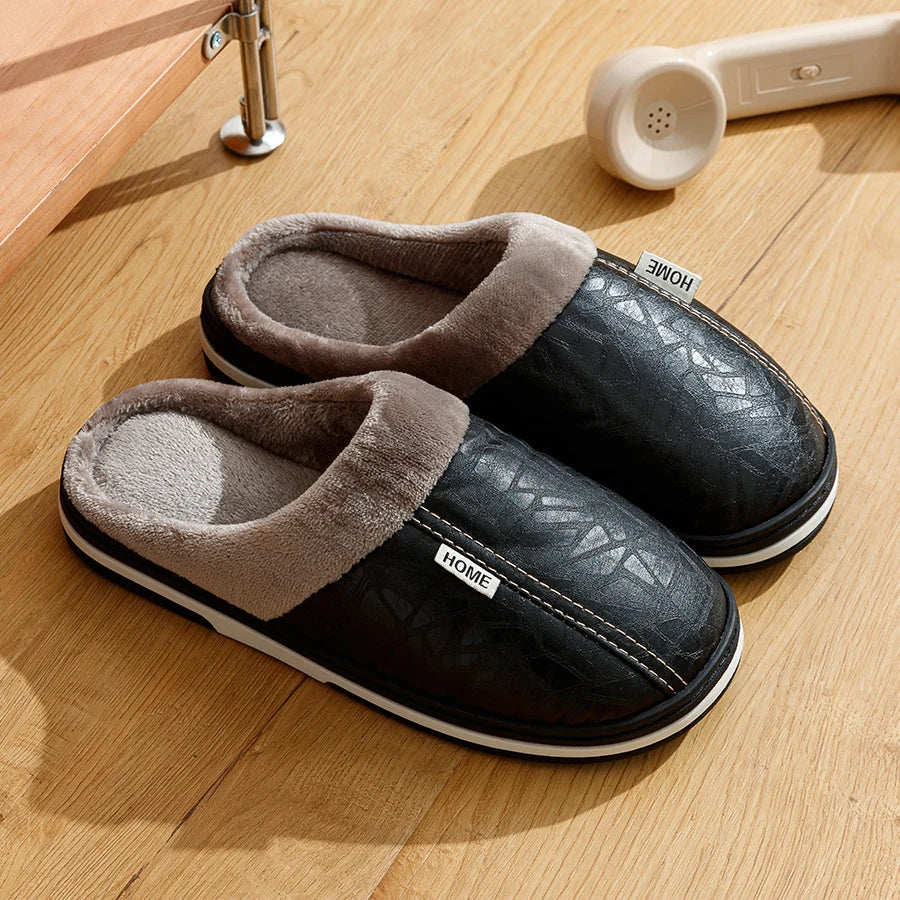 Men's slippers Winter Big Size Indoor Waterproof PU Leather Large Sizes Home Cotton shoes Fur Flat Cotton Bedroom Houseshoes