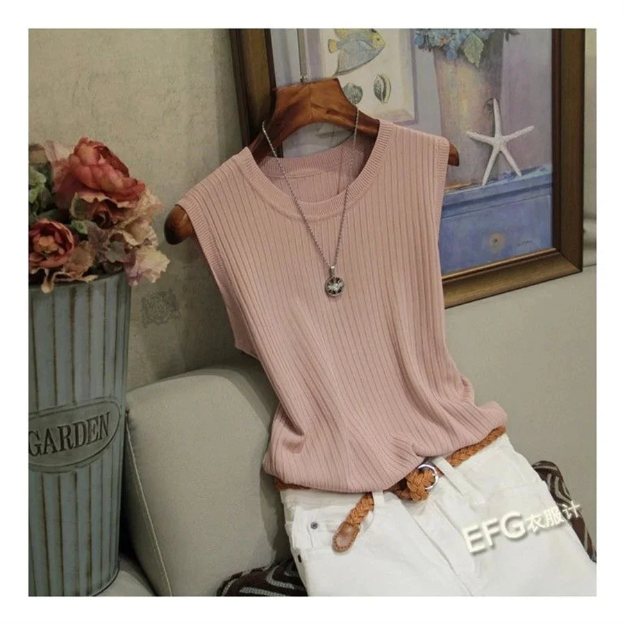 Summer Sleeveless Blouse Women O-neck Knitted Blouse Shirt Women Clothes Women Tops