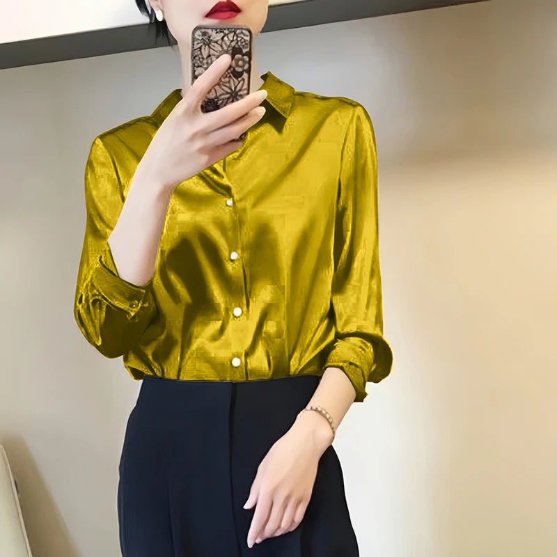 All-match Satin Finish Shirts And Blouses Women Clothing Casual Top OL Long Sleeve Button Elegant Shirts French Solid Blouses