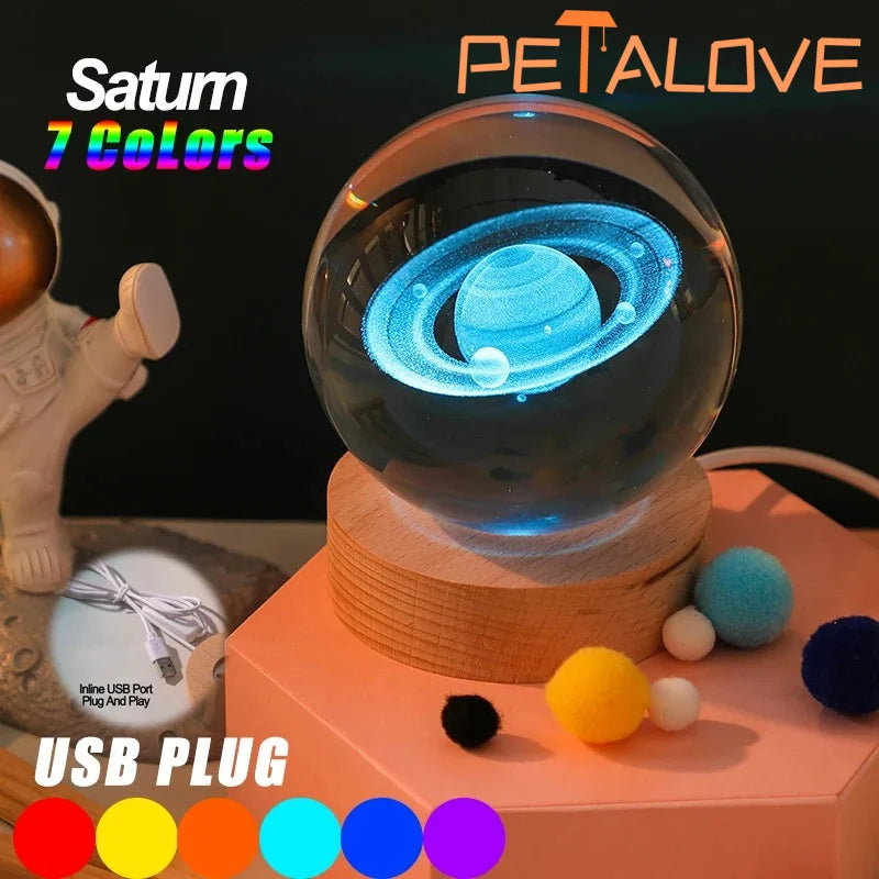 Crystal Ball LED Night Light Colorful Saturn Solar System 3D Moon Table Lamp USB Bedroom Atmosphere Lamp for Birthday Kid Gift