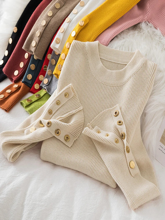 2024 women thick sweater pullovers khaki casual autumn winter button o-neck chic sweater female slim knit top soft jumper tops