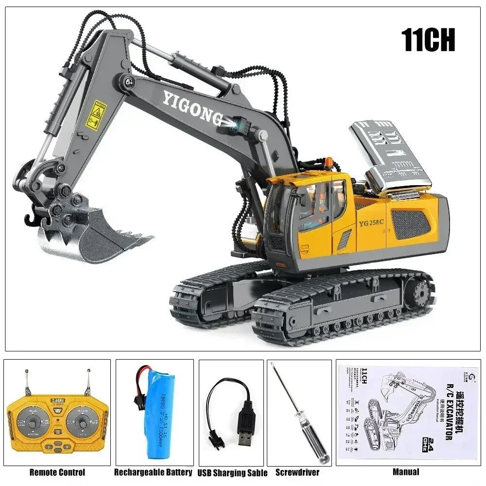 1/20 Remote Control Excavator 11 Channel RC Excavator Truck Toys 2.4Ghz Construction Vehicles with Metal Shovel Rotation for Kid