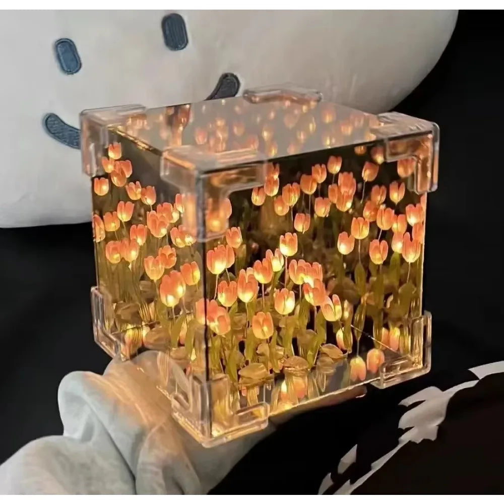 DIY Tulip Mirror Cube Lamp Simulation Flower Bedroom Sleeping Table Lamp Handmade Craft Tulip Mirror Night Light Birthday GiftS