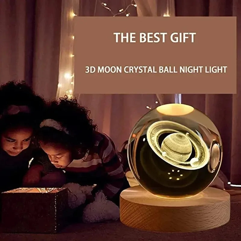 Crystal Ball LED Night Light Colorful Saturn Solar System 3D Moon Table Lamp USB Bedroom Atmosphere Lamp for Birthday Kid Gift