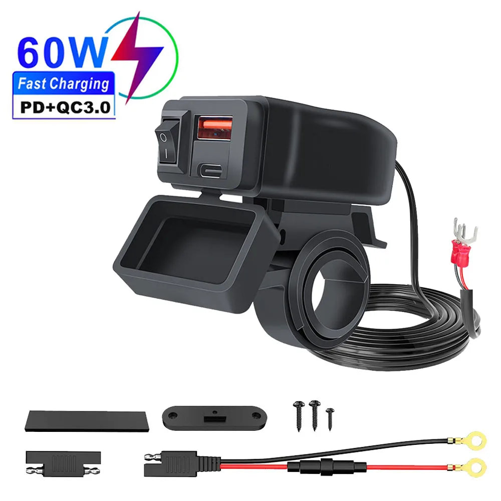 PD+QC3.0 Motorcycle USB Fast Charger 60W Handlebar Dual USB Socket with Switch Voltmeter Waterproof 12V Power Supply Adapter