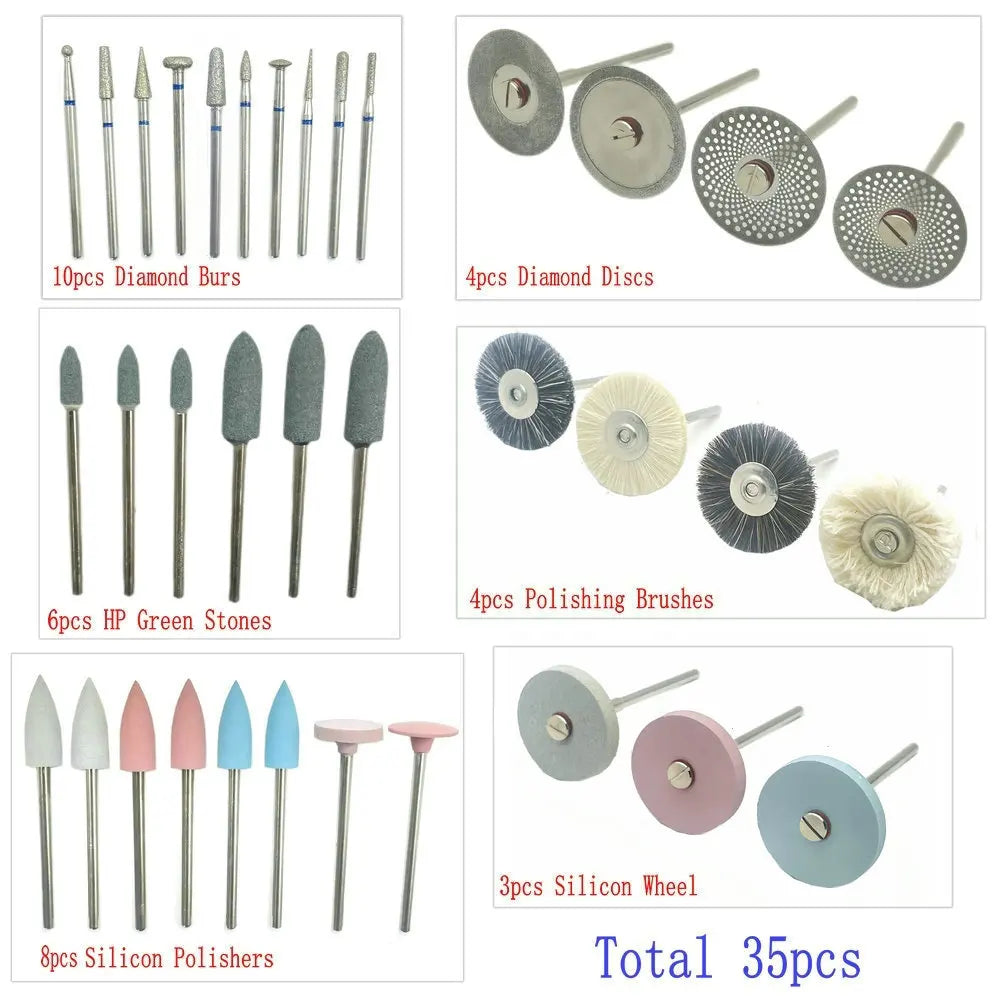 35Pcs/Set Dental Lab Polishing HP Kit Ceramic Porcelain Grinding Dentist Tool Diamond Burs Brush Material