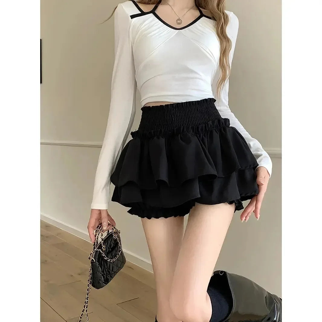 Black Ruffled Skirt For Women High-waisted Slimming A- line Minimalist Summer Ballet-inspired Cake Skirt Anti-exposure Shorts